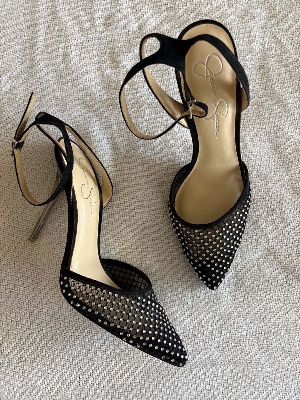 Jessica Simpson Pirrie Black Mesh Rhinestone Stiletto Ankle Strap Pumps